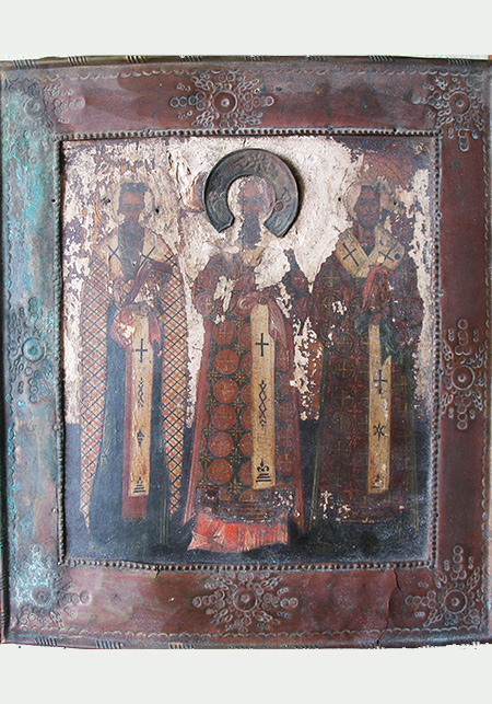 Икона Три святителя Василий Великий, Григорий Богослов и Иоанн Златоуст
 до реставрации